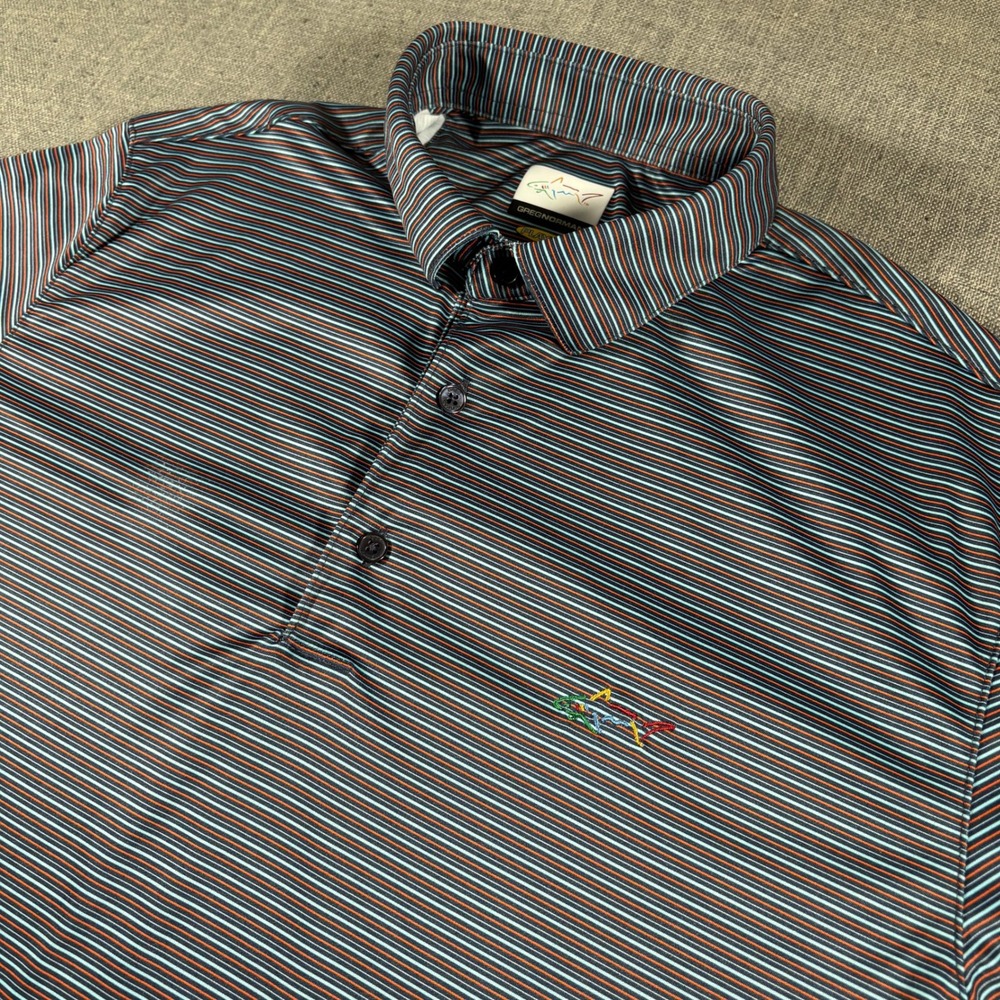 Greg Norman Polo Shirt Mens Medium Blue Orange Striped PlayDry Performance Golf‎